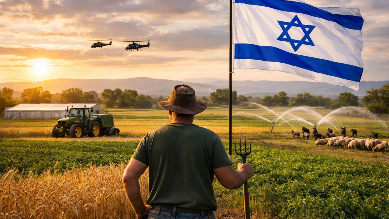 חקלאי ישראלי עומד מול שדה מעובד בשעת שקיעה, אוחז קלשון ולצידו דגל ישראל מתנופף. ברקע נראים טרקטור, ממטרות, עדר כבשים ושני מסוקים בשמיים, באווירה עוצמתית ומחזקת.